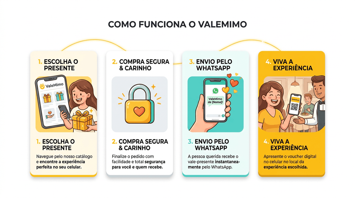 Como funciona o ValeMimo: escolha, compre, receba no WhatsApp e resgate