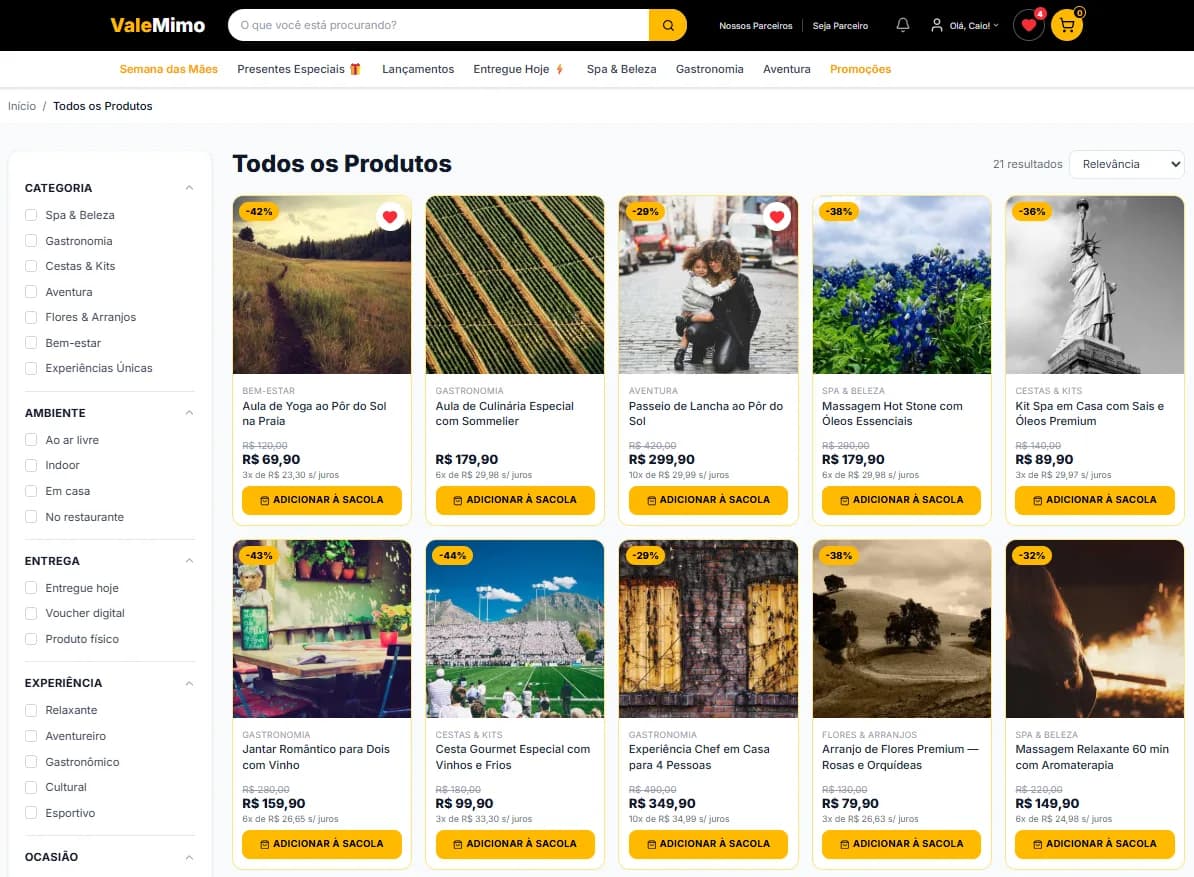 Página de produtos do ValeMimo